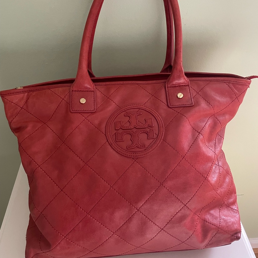 Tory Burch Red Quilted Tote Bag